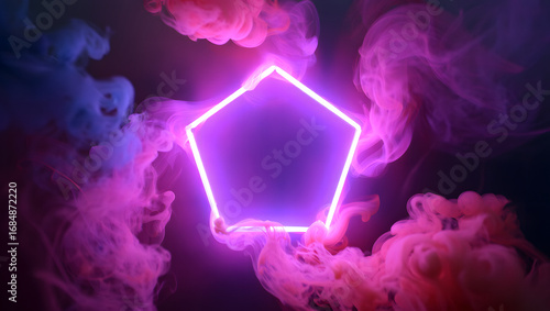Abstract Pentagonal Neon Frame in Pink and Blue Smoke; Futuristic, Vaporwave Style