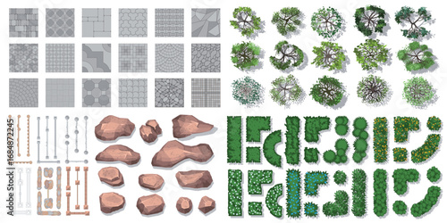 Top view of vector set for landscape design of park. Pavements, architectural elements, trees, stones. Fences, paths, tile. View from above. Aerial.