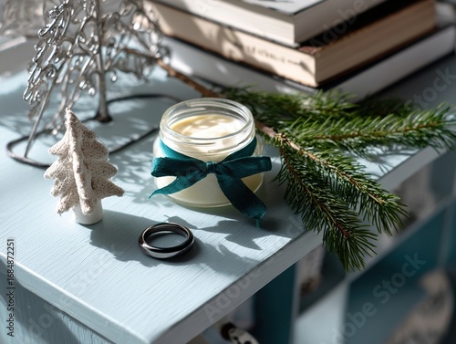Minimalist Christmas Bookshelf with Shea Butter Balm and Onyx Ring 