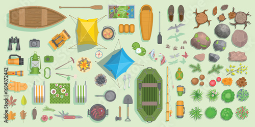 Top view on elements of camping, boats, tables, chairs, lantern, shovel, barbecue, tent, sleeping bag, binoculars, stumps, plants, tree leaves. Vector set
Summer background. View from above. Aerial.
