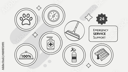 Emergency service support icons for pet care cleaning and health
