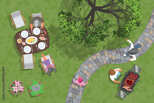 Top view. Vector illustration. BBQ in the garden.
People, barbecue, table, chairs, dishes, grass, tree, track, flowers. View from above. Aerial.
