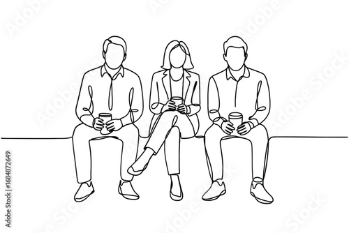 Three people sitting together holding coffee cups sketch