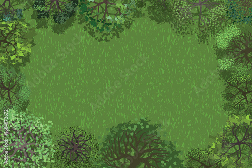 View of the forest clearing from above. Top view of green grass surrounded by trees. Space for the text. Vector illustration. Aerial
