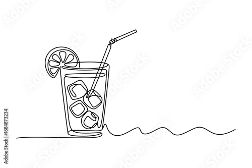 Continuous One-Line Vector Drawing of a cocktail with ice and lime