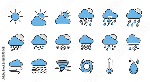 A collection of illustrated weather icons depicting various atmospheric conditions and forecasts.