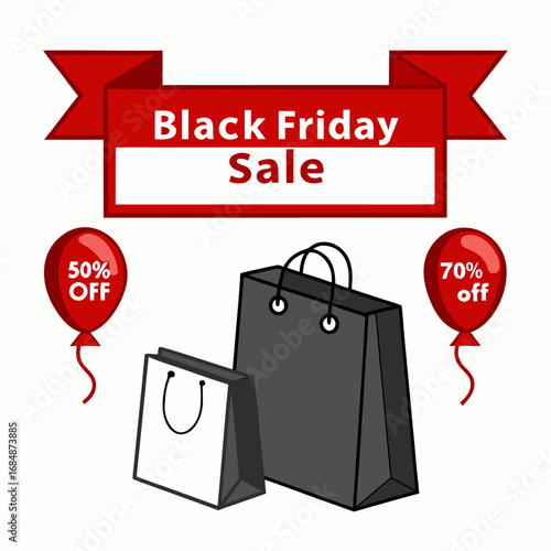 Vector art of black friday sale promotion with shopping bags and balloons isolated on white background