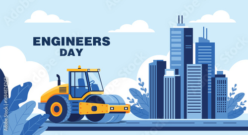 Illustration featuring a yellow road roller, skyscrapers, and stylized plants against a light blue background, celebrating Engineers Day.