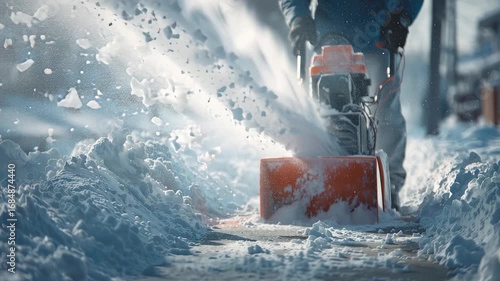 Man Using Snow Blower to Clear Heavy Snow from Sidewalk in Winter Storm