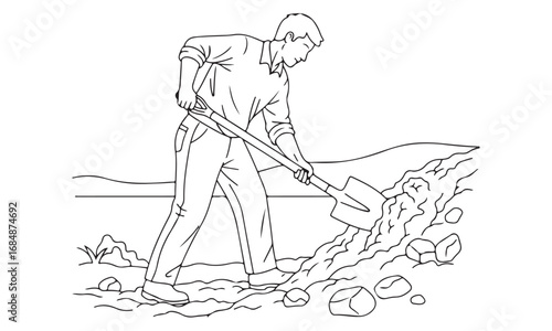 Man Shoveling Dirt and Rocks in an Outdoor Landscape