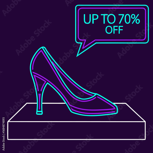 Vector art of elegant high heel shoe with up to 70 off sale offer in neon style
