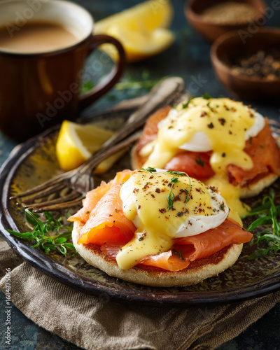Delicious egg benedict with smoked salmon and hollandaise sauce. An appetizing brunch meal