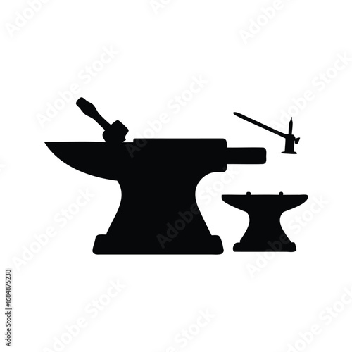 Blacksmith's tools and equipment isolated on white background, including anvil and hammer, sharpening tools silhouette vector illustration