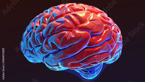 Stylized red and blue human brain with dark background