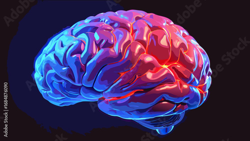 Vibrant digital illustration of a human brain with blue and red lighting