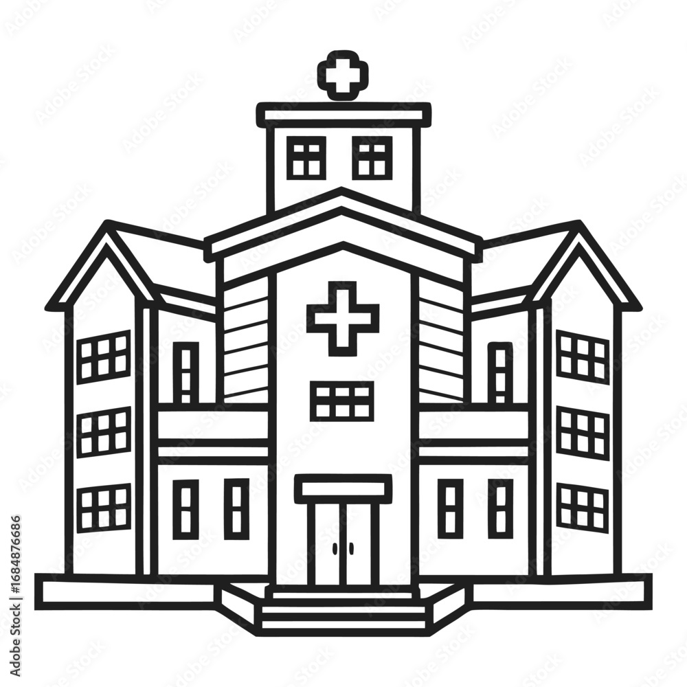Fototapeta premium Modern hospital building exterior with medical cross symbol and entrance facade symbolizing healthcare and wellness services vector