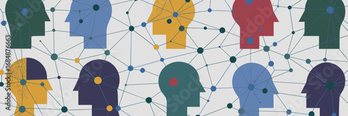 Abstract human heads in different shapes connected with complex network