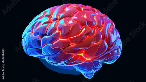 Vibrant abstract brain illustration with red and blue tones
