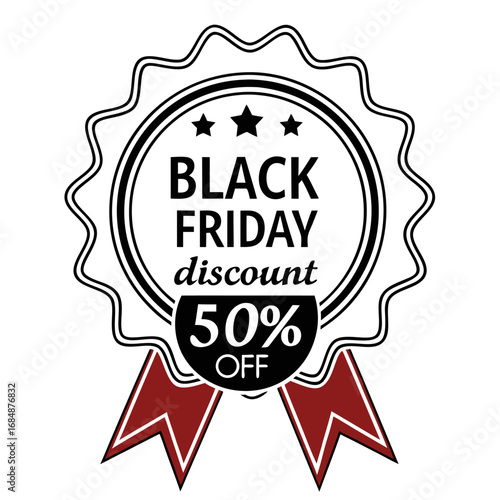 Vector art of black friday discount badge with 50 percent off isolated on white background