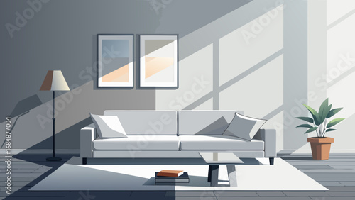 Modern living room with sunlight streaming through the window