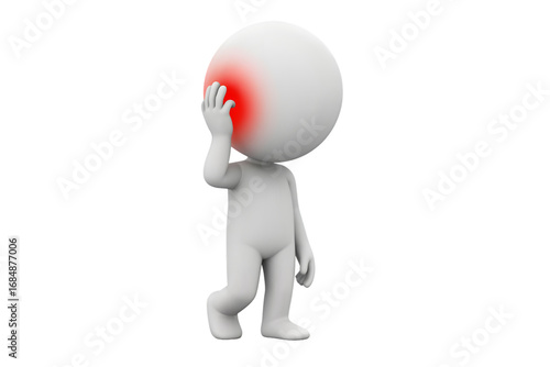 3d white man figure holding his head with red spot indicating pain, isolated on transparent background