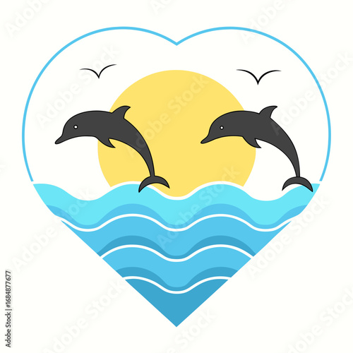Vector art of two dolphins jumping out of the ocean in a heart shape isolated on white background