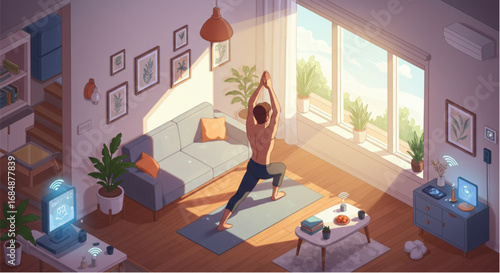 Man practicing yoga in sunlit living room embracing healthy lifestyle and modern home wellness.