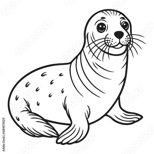 Charming cartoon seal pup sitting upright with friendly expression and spotted body isolated on vector