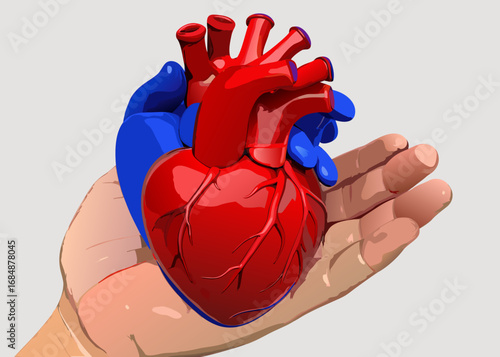 Hand holding a realistic red heart with blue veins
