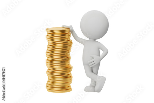 3d white man leaning on a tall stack of gold coins isolated on transparent background