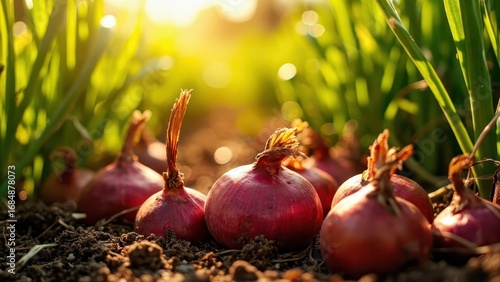 Illustration of close up of red onion bulbs growing in the garden with sunlight in the background