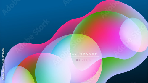 Abstract fluid shapes overlap, creating vibrant color blends. Dark background emphasizes bright translucent forms. Modern design element.