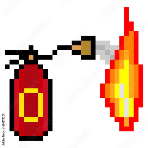 Fire extinguisher spraying fire in pixel art style isolated on white background