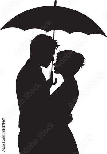Black silhouette of a couple embracing under an umbrella embrace love