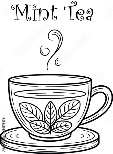 Refreshing mint tea illustration with green leaves and ice cubes