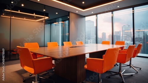 Illustration of modern conference room with a large table and orange chairs with city view from windows