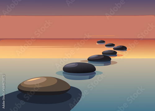 Stepping stones across calm water at sunset