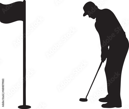 Black silhouette of a golfer putting on a white background next to a flag on a pole golf club golf ball