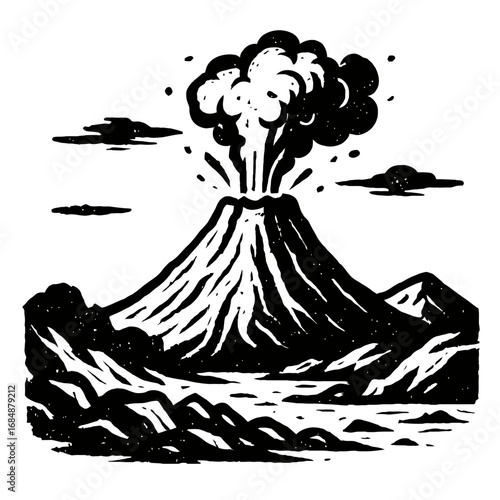 Dramatic Black and White Volcano Eruption Vector Illustration with Smoke