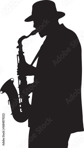Black silhouette of a man wearing a fedora hat playing a saxophone musician jazz