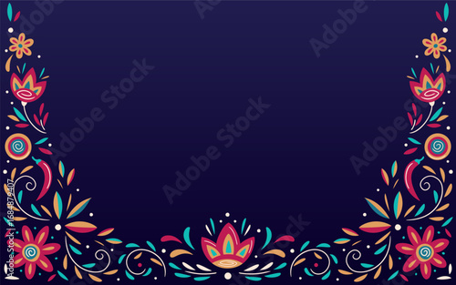 Traditional Mexican floral poster design for Day of the Dead, Cinco de Mayo. Vector colorful template background with garland of marigolds and other stylised flowers