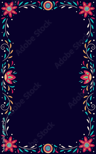 Traditional Mexican floral poster design for Day of the Dead, Cinco de Mayo. Vector colorful template background with garland of marigolds and other stylised flowers