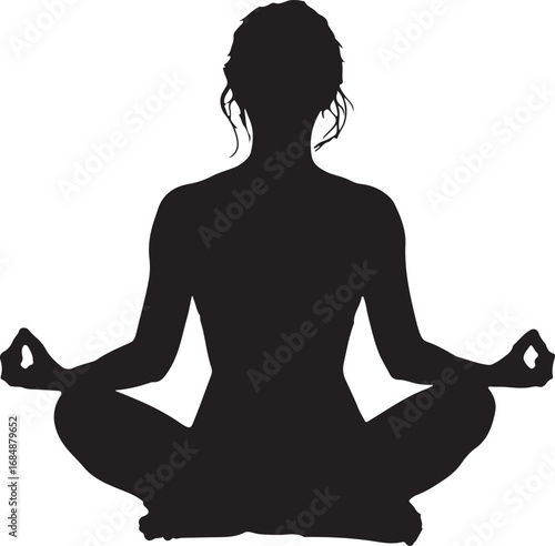 Black silhouette of a woman meditating in lotus pose with hands in Gyan Mudra yoga