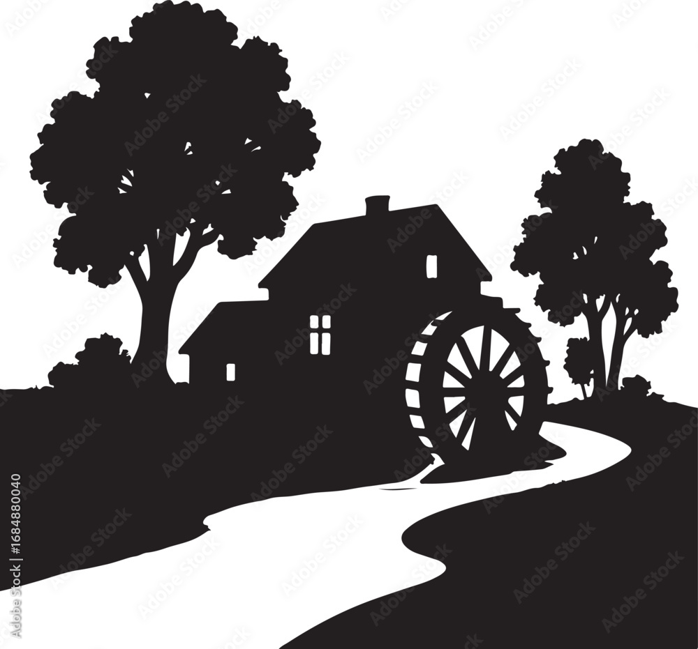 Fototapeta premium Silhouette of a watermill building with a water wheel beside a winding river and trees structure architecture