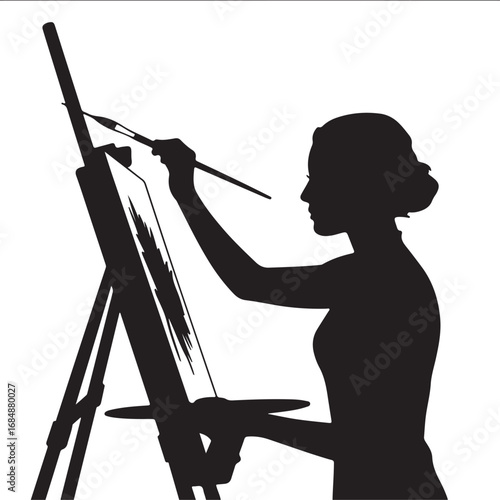 Silhouette of a woman artist painting on an easel with a brush and palette vector