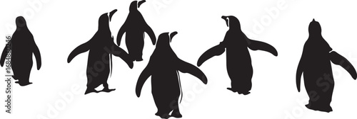 Six black penguin silhouettes with flippers outstretched on a white background penguins black and white