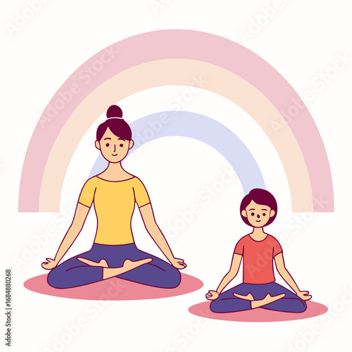Vector art of mother and daughter doing yoga meditation under the rainbow isolated on white background