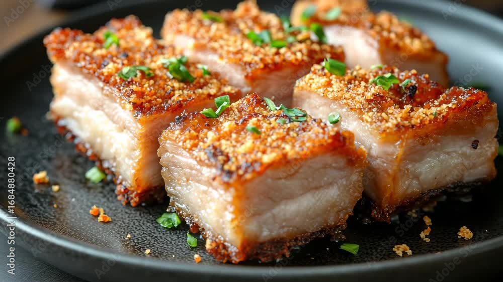 Discover the tantalizing flavors of expertly prepared crispy pork belly, garnished with fresh herbs, as enthusiastic food lovers savor this delicious dish in a bustling market setting. Discover the tantalizing flavors of expertly prepared crispy pork belly, garnished with fresh herbs, as enthusiastic food lovers savor this delicious dish in a bustling market setting.