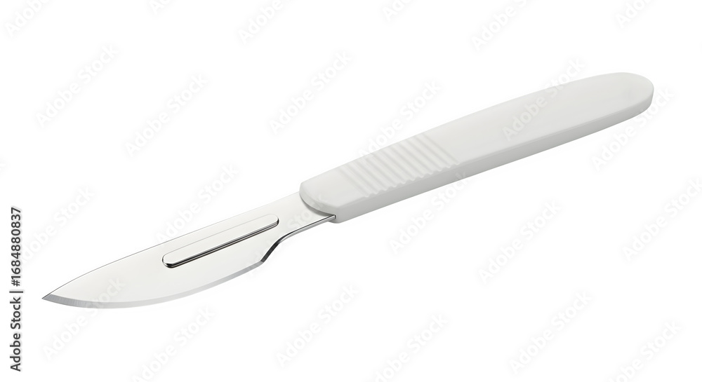 Fototapeta premium Sterile Scalpel features silver blade and white textured handle isolated for medical display, product photography, or branding.