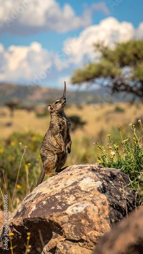 Small, light-brown mammal on rock, looking up